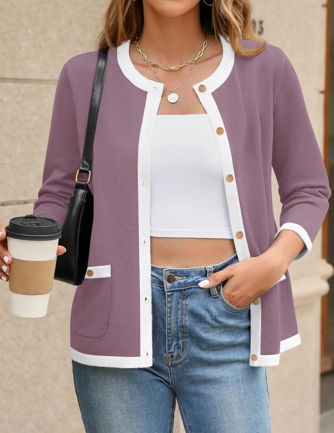 HAEOF Womens 2025 Fall Long Sleeve Button Up Cardigan Sweaters Crewneck Soft Lightweight Dressy Trendy Outwear with Pockets