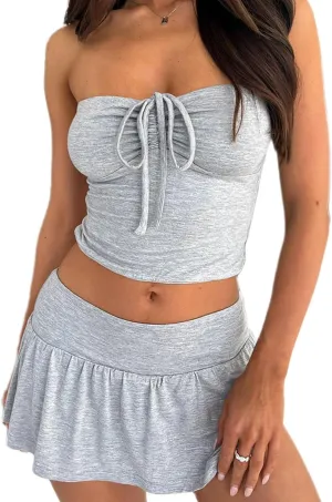Halfword Womens Mini Skirt Set Y2K Strapless Tie Front Ruched Tube Top Sexy 2 Piece Pleated Crop Tops Going Out Outfit