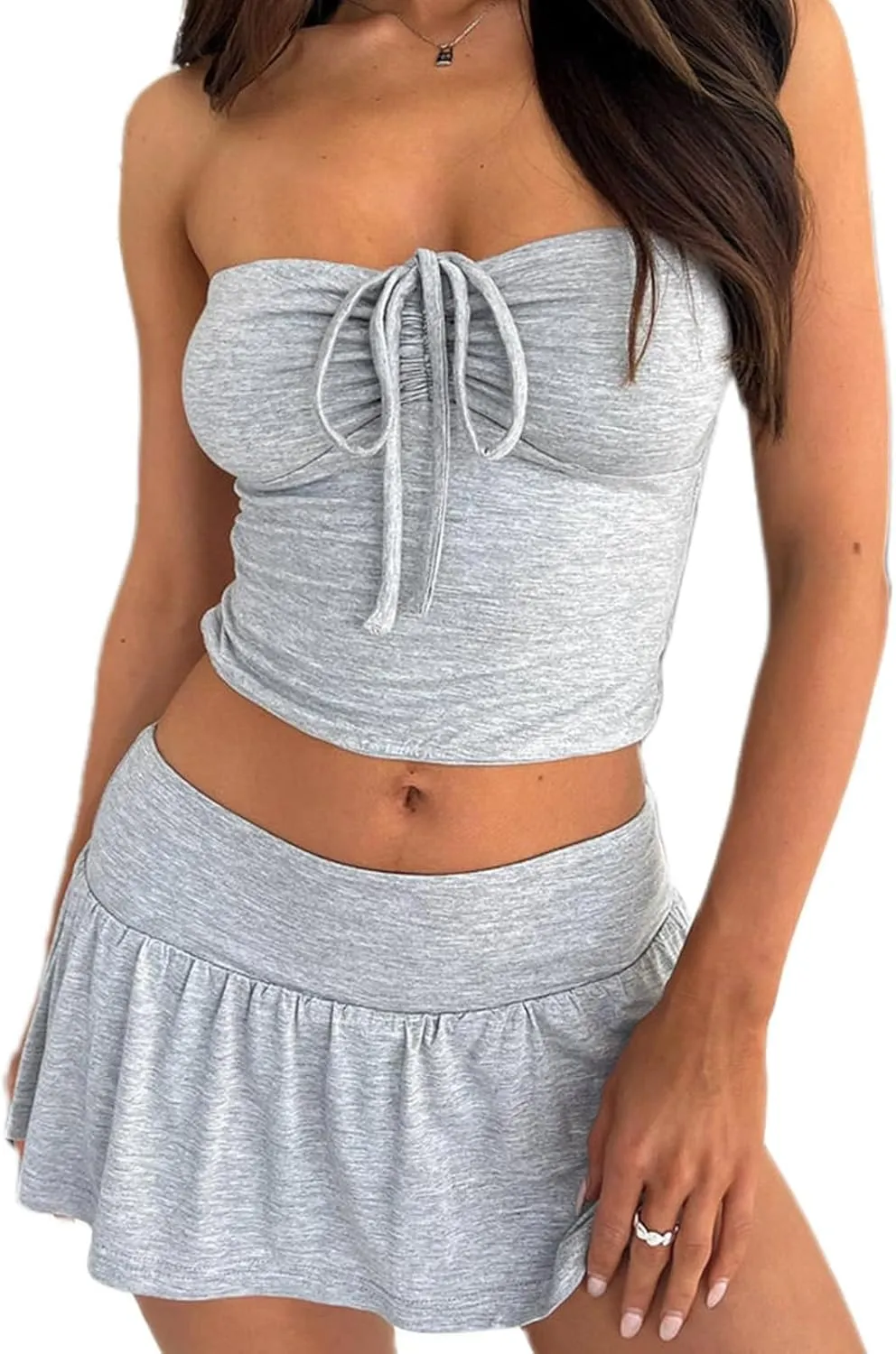 Halfword Womens Mini Skirt Set Y2K Strapless Tie Front Ruched Tube Top Sexy 2 Piece Pleated Crop Tops Going Out Outfit