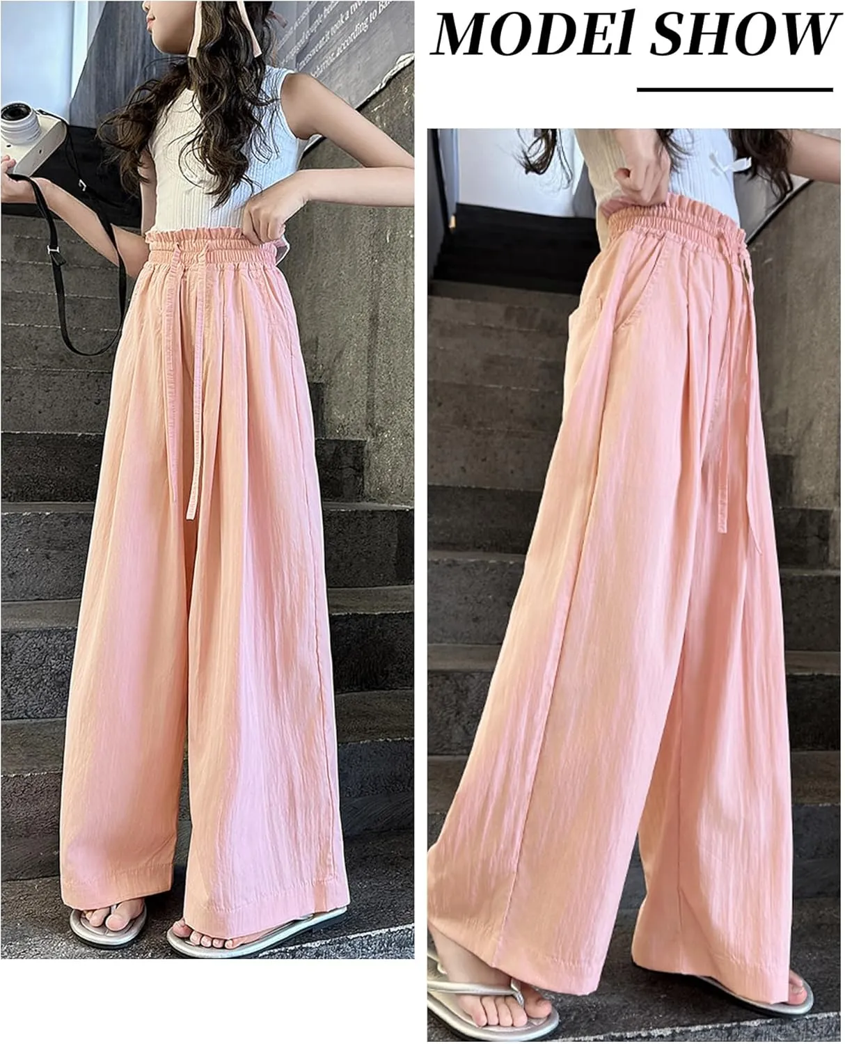 Happy Cherry Girls Wide Leg Linen Pants - Summer Lightweight Pants Beach Vacation Leisure 5-16 Years Girls Outfits