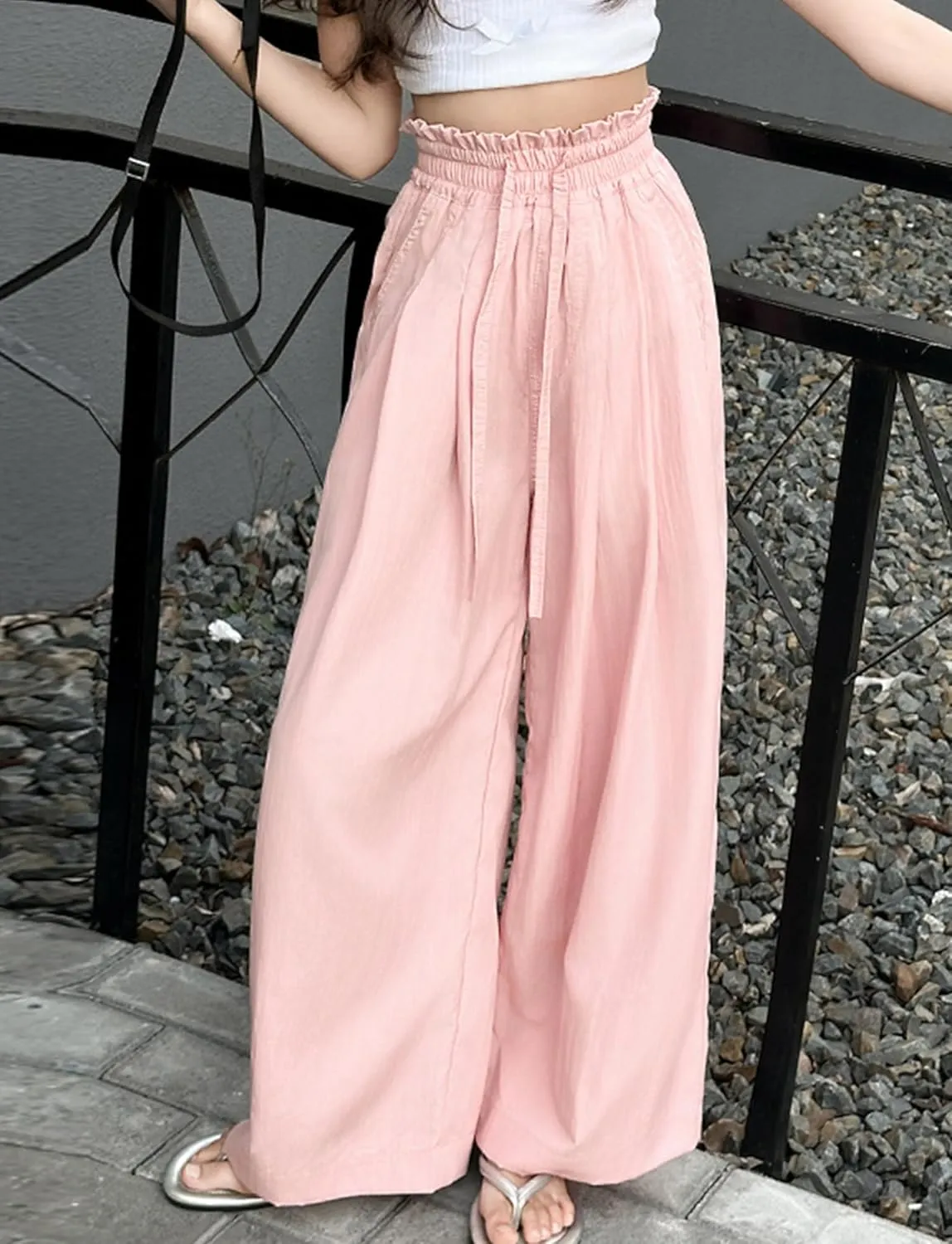 Happy Cherry Girls Wide Leg Linen Pants - Summer Lightweight Pants Beach Vacation Leisure 5-16 Years Girls Outfits