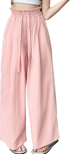 Happy Cherry Girls Wide Leg Linen Pants - Summer Lightweight Pants Beach Vacation Leisure 5-16 Years Girls Outfits