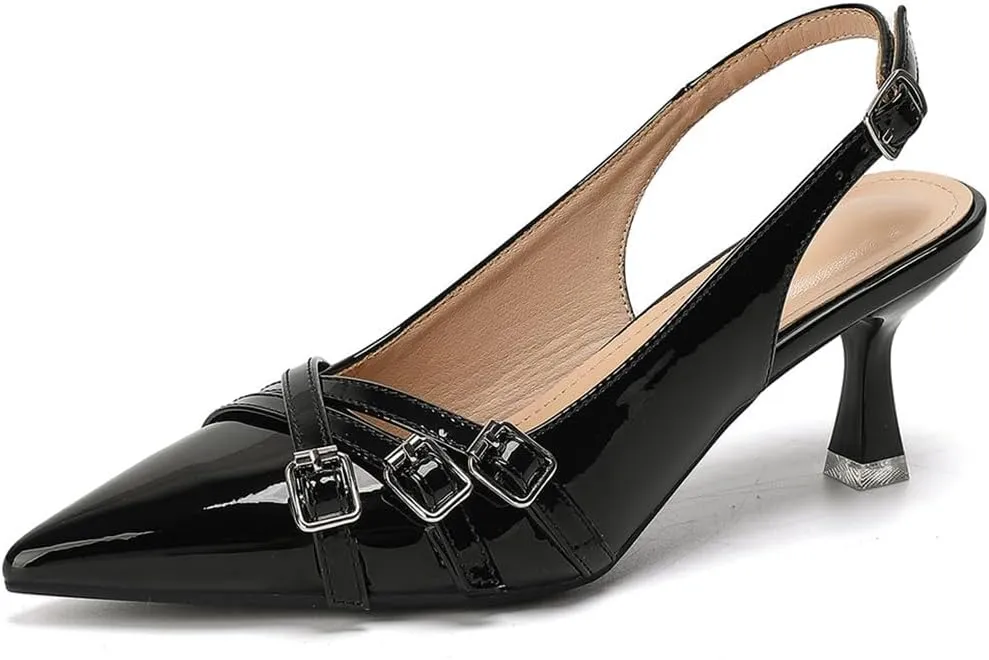 Heeled Slingback Kitten Heels for Women Closed Pointed Toe Pumps with Buckles for Dating Party Working