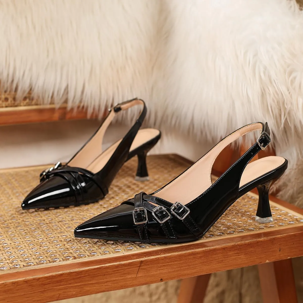 Heeled Slingback Kitten Heels for Women Closed Pointed Toe Pumps with Buckles for Dating Party Working