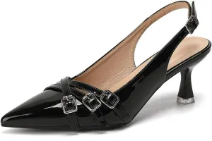 Heeled Slingback Kitten Heels for Women Closed Pointed Toe Pumps with Buckles for Dating Party Working