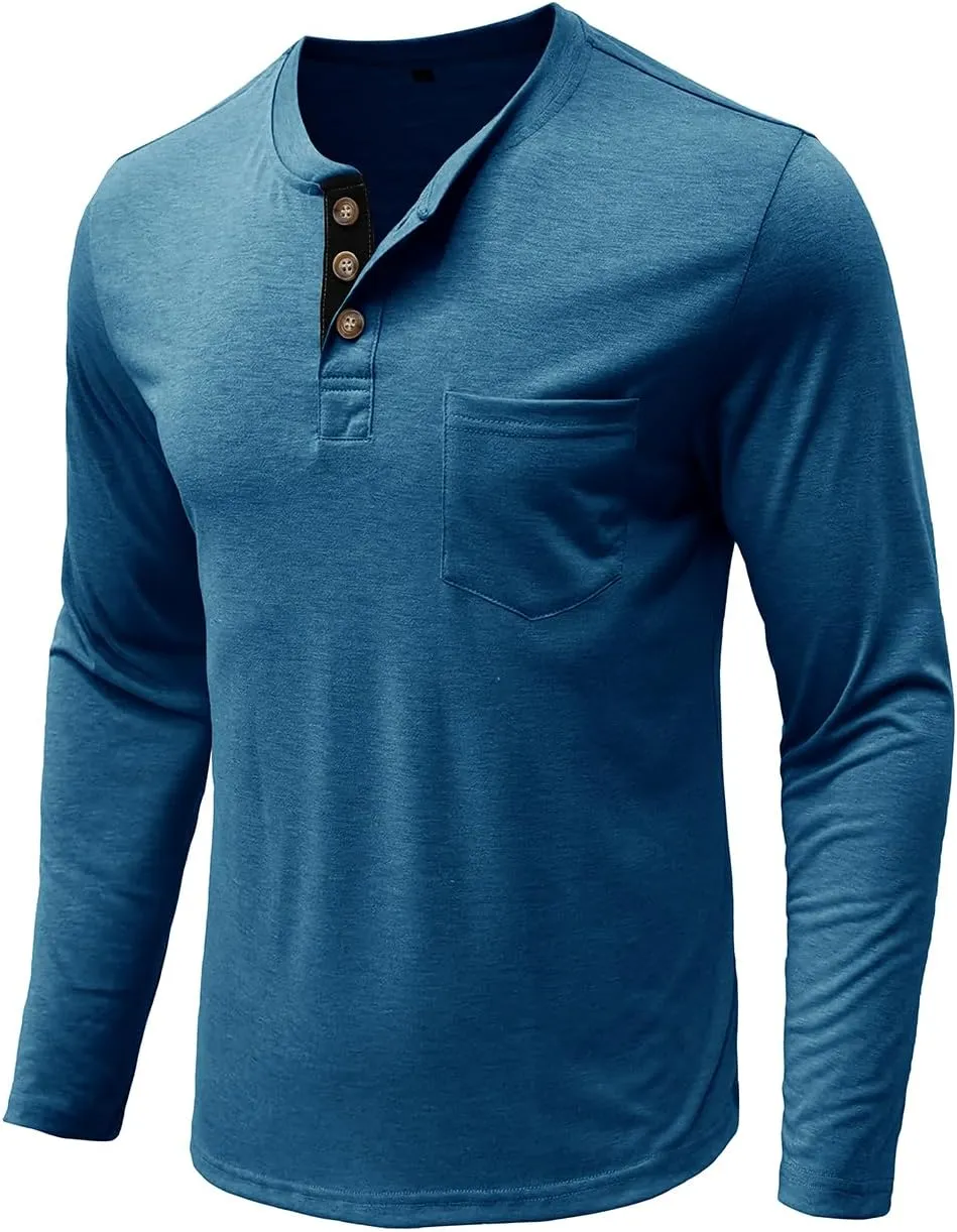 Henley Shirts for Men Casual Long/Short Sleeve Cotton T-Shirt Basic Button Tee Shirts with Pocket