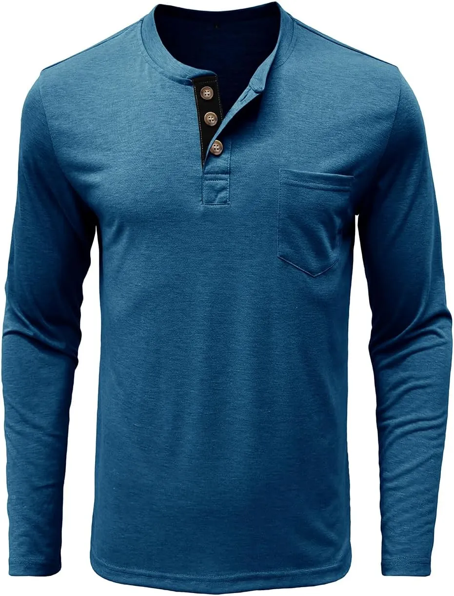 Henley Shirts for Men Casual Long/Short Sleeve Cotton T-Shirt Basic Button Tee Shirts with Pocket