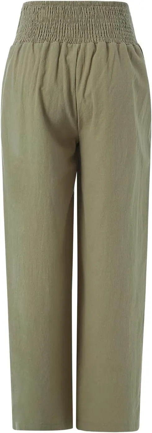 HEZIOWYUN Linen Pants for Women Wide Leg Elastic High Waisted Palazzo Pants Lounge Yoga Trousers with Pockets