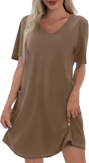 HHmei Summer Dresses for Women Loose V Neck Short Sleeve Casual T Shirt Dress Sundresses Swimsuit Coverup with Pockets