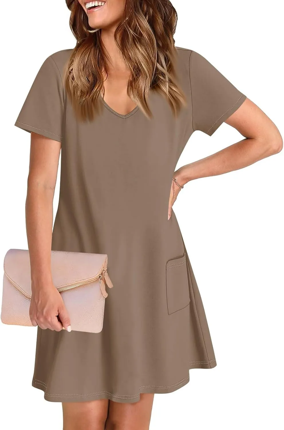 HHmei Summer Dresses for Women Loose V Neck Short Sleeve Casual T Shirt Dress Sundresses Swimsuit Coverup with Pockets