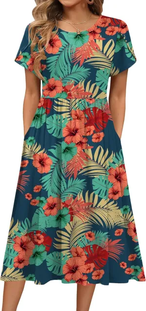 HOTOUCH Women Dress 2025 Short Sleeve Floral Midi Loose Tshirt Dresses Aline Flowy Swing Beach Sundress with Pockets