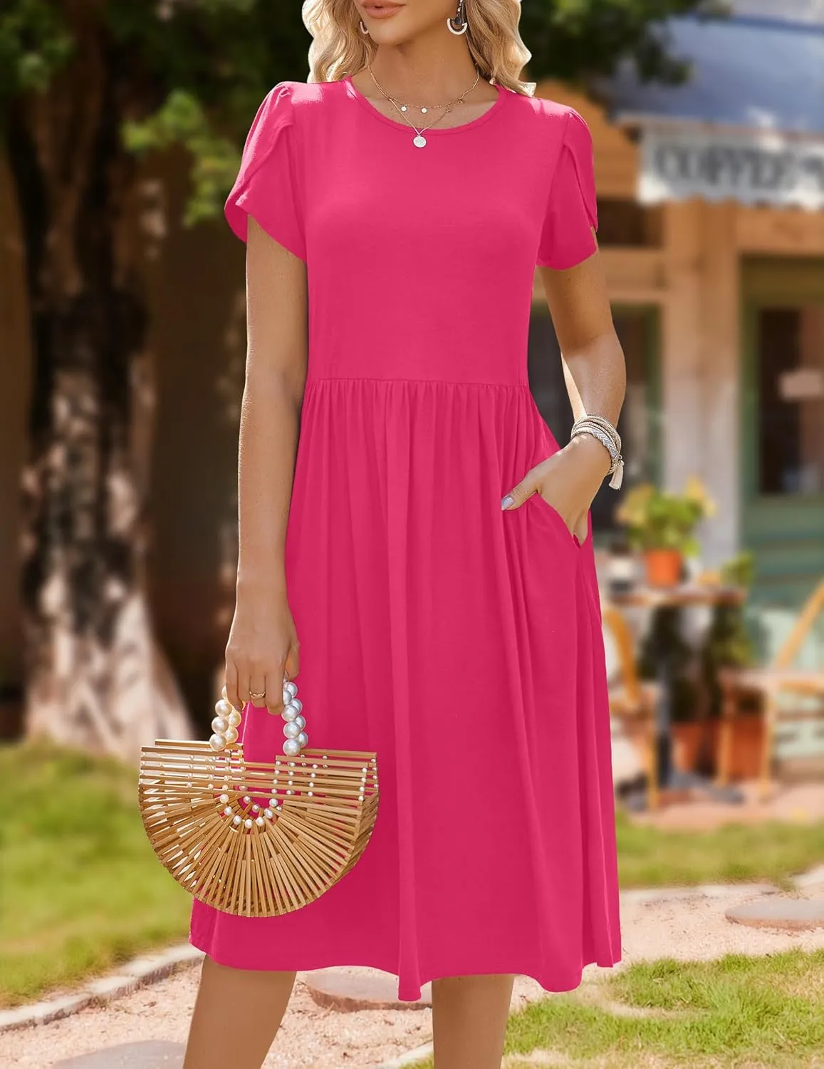 HOTOUCH Women's Summer Short Sleeve A-Line Midi Dresses Casual Floral T-Shirt Dress Flowy Beach Sundress with Pockets