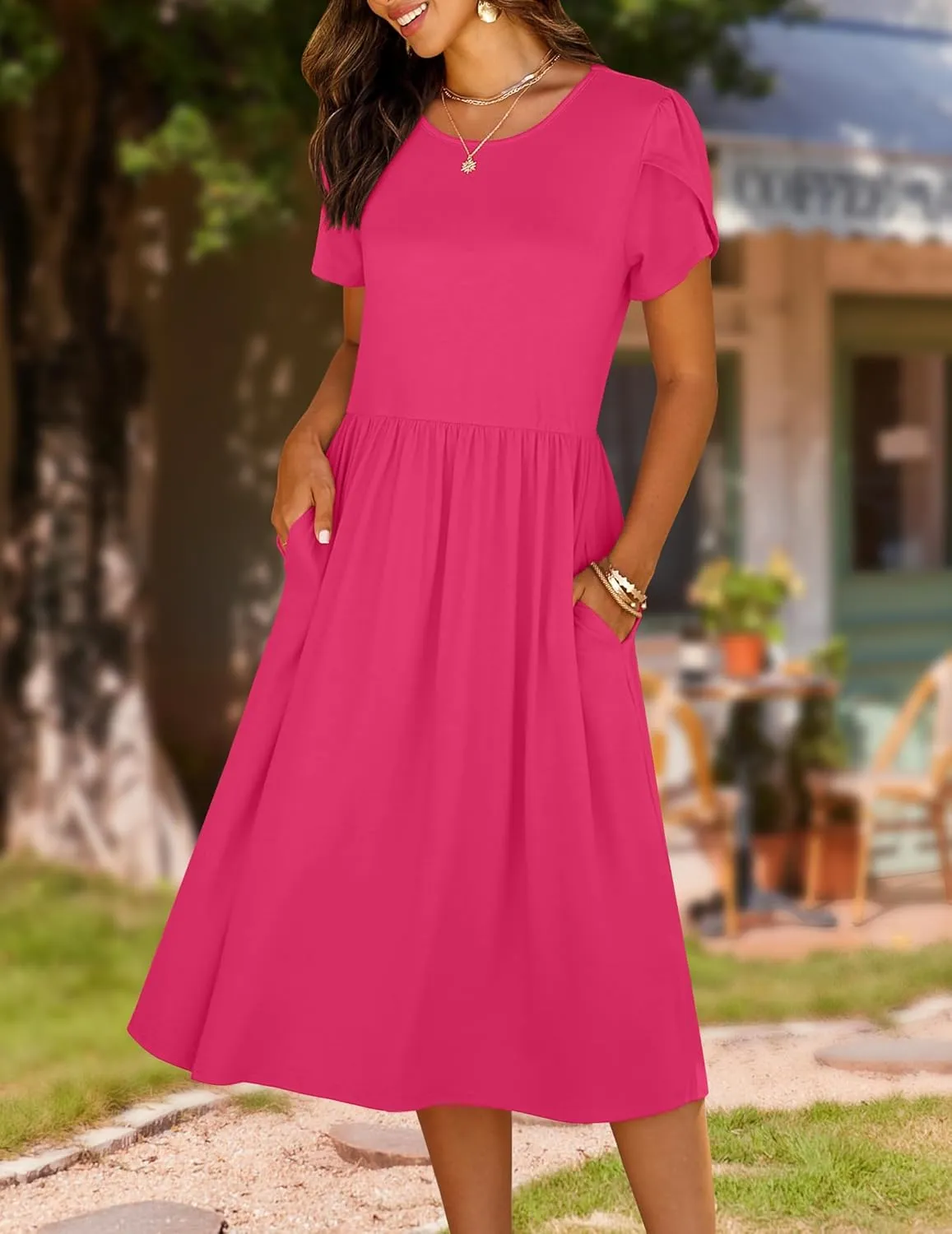 HOTOUCH Women's Summer Short Sleeve A-Line Midi Dresses Casual Floral T-Shirt Dress Flowy Beach Sundress with Pockets