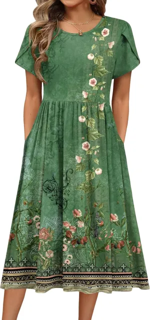 HOTOUCH Women's Summer Short Sleeve A-Line Midi Dresses Casual Floral T-Shirt Dress Flowy Beach Sundress with Pockets