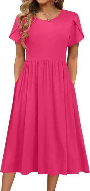 HOTOUCH Women's Summer Short Sleeve A-Line Midi Dresses Casual Floral T-Shirt Dress Flowy Beach Sundress with Pockets