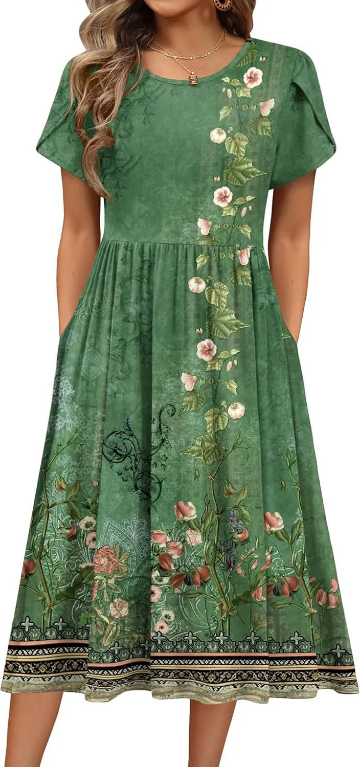 HOTOUCH Women's Summer Short Sleeve A-Line Midi Dresses Casual Floral T-Shirt Dress Flowy Beach Sundress with Pockets