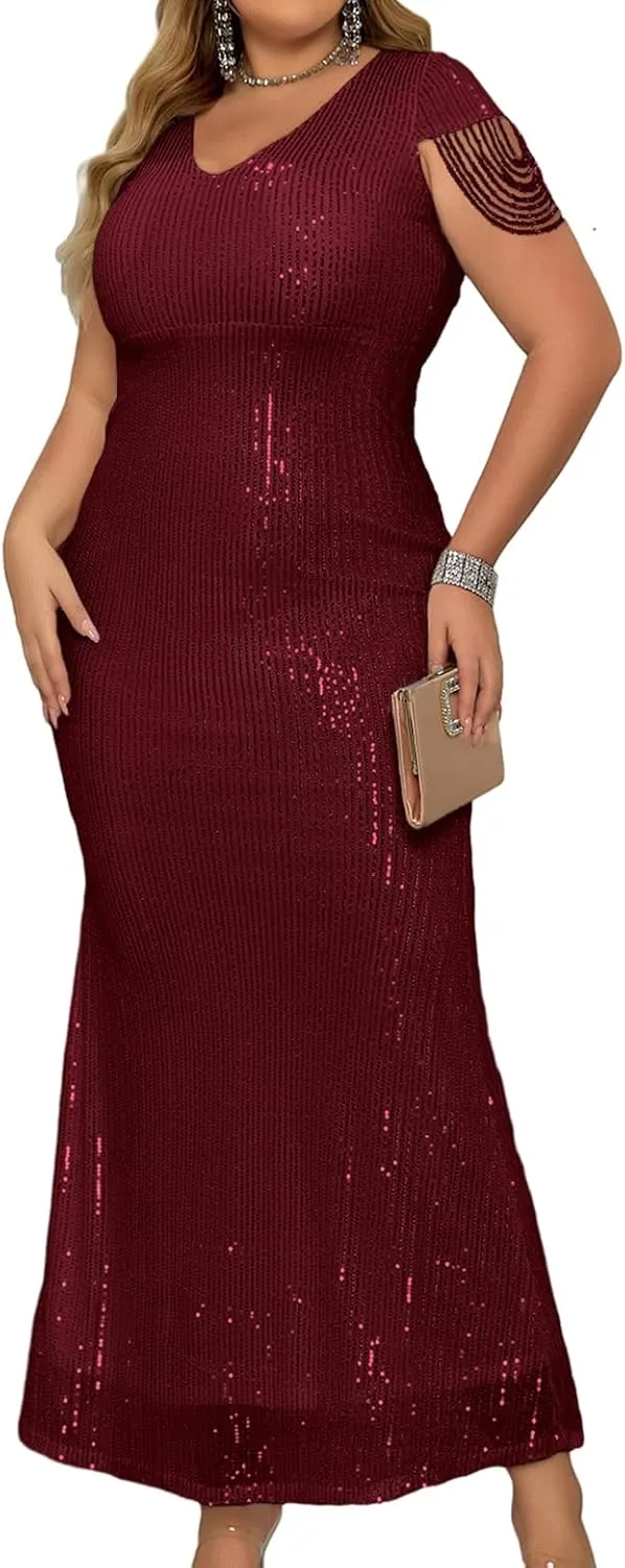 houstil Formal Dresses for Women Sequin 1920s Maxi Long Evening Gown Party Great Gatsby Cocktail Wedding Dress