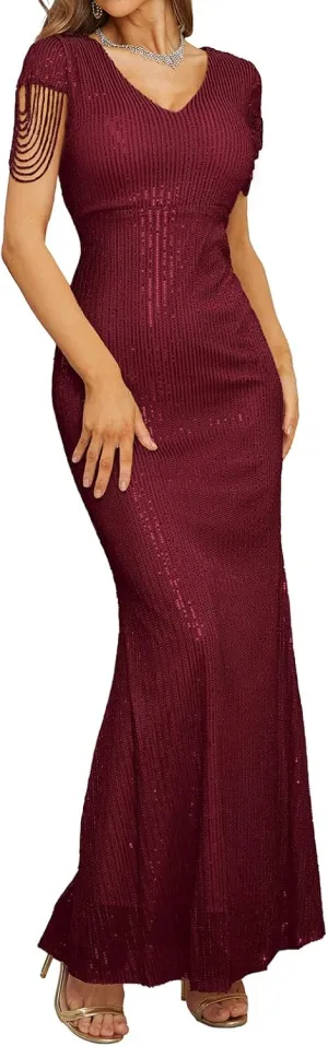 houstil Formal Dresses for Women Sequin 1920s Maxi Long Evening Gown Party Great Gatsby Cocktail Wedding Dress