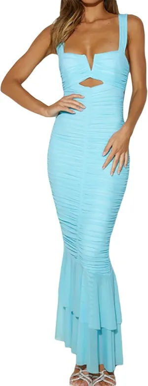 houstil Women's Strap Wedding Guest Dress Wrinkles Mesh Bodycon Party Maxi Cocktail Cut Out Clubwear Summer