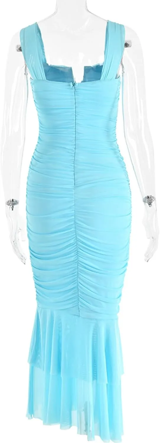 houstil Women's Strap Wedding Guest Dress Wrinkles Mesh Bodycon Party Maxi Cocktail Cut Out Clubwear Summer