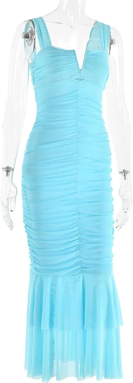 houstil Women's Strap Wedding Guest Dress Wrinkles Mesh Bodycon Party Maxi Cocktail Cut Out Clubwear Summer