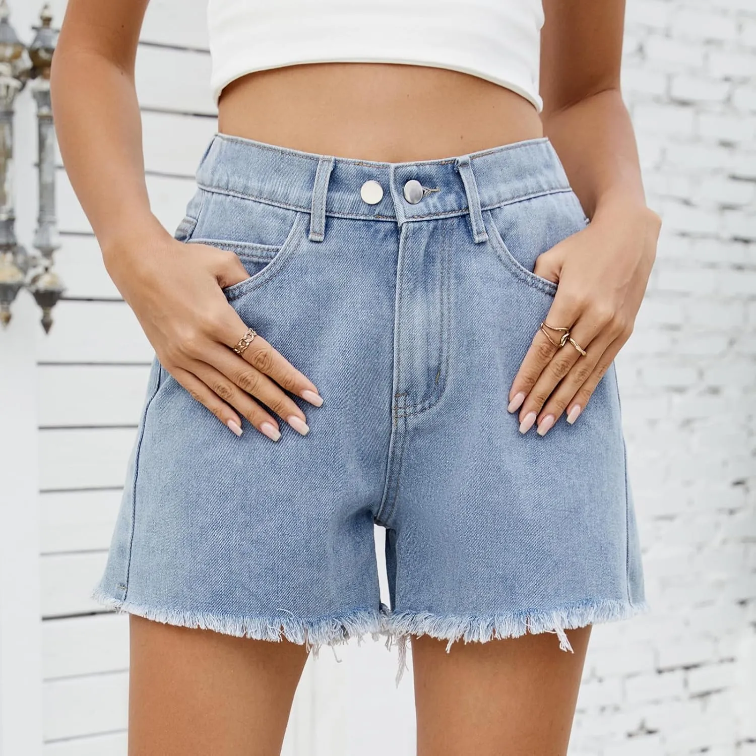 HVEPUO Women High Waisted Frayed Raw Hem Jean Shorts Summer Elastic Waist Casual Straight Leg Button Adjustable Denim Shorts