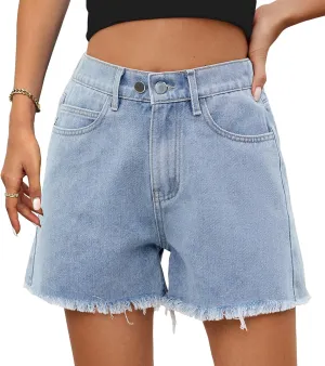 HVEPUO Women High Waisted Frayed Raw Hem Jean Shorts Summer Elastic Waist Casual Straight Leg Button Adjustable Denim Shorts