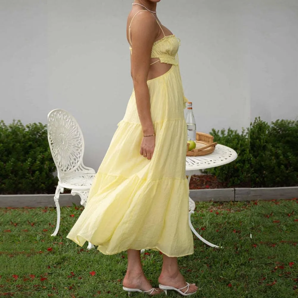 IDOPIP Women Summer Cutout Boho Dress Sleeveless Spaghetti Straps Maxi Dress Sexy Backless Side Cut Tie Front Flowy Sundress