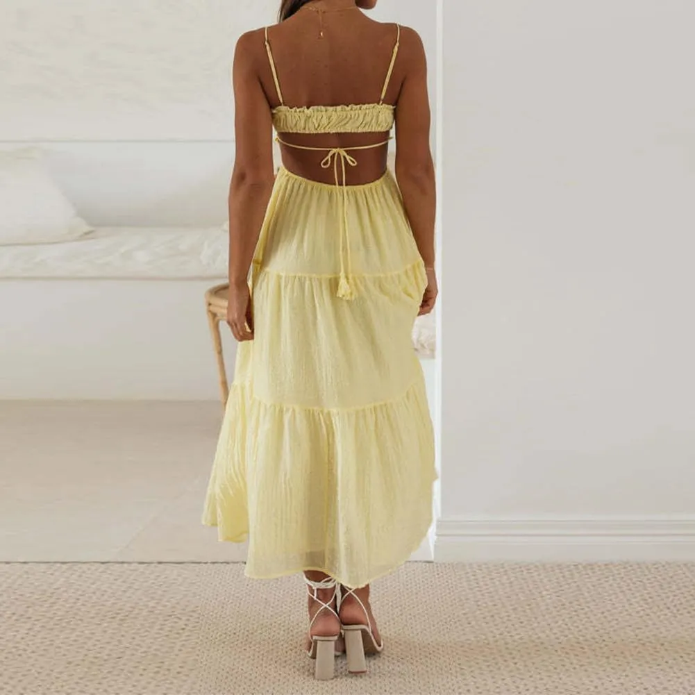IDOPIP Women Summer Cutout Boho Dress Sleeveless Spaghetti Straps Maxi Dress Sexy Backless Side Cut Tie Front Flowy Sundress