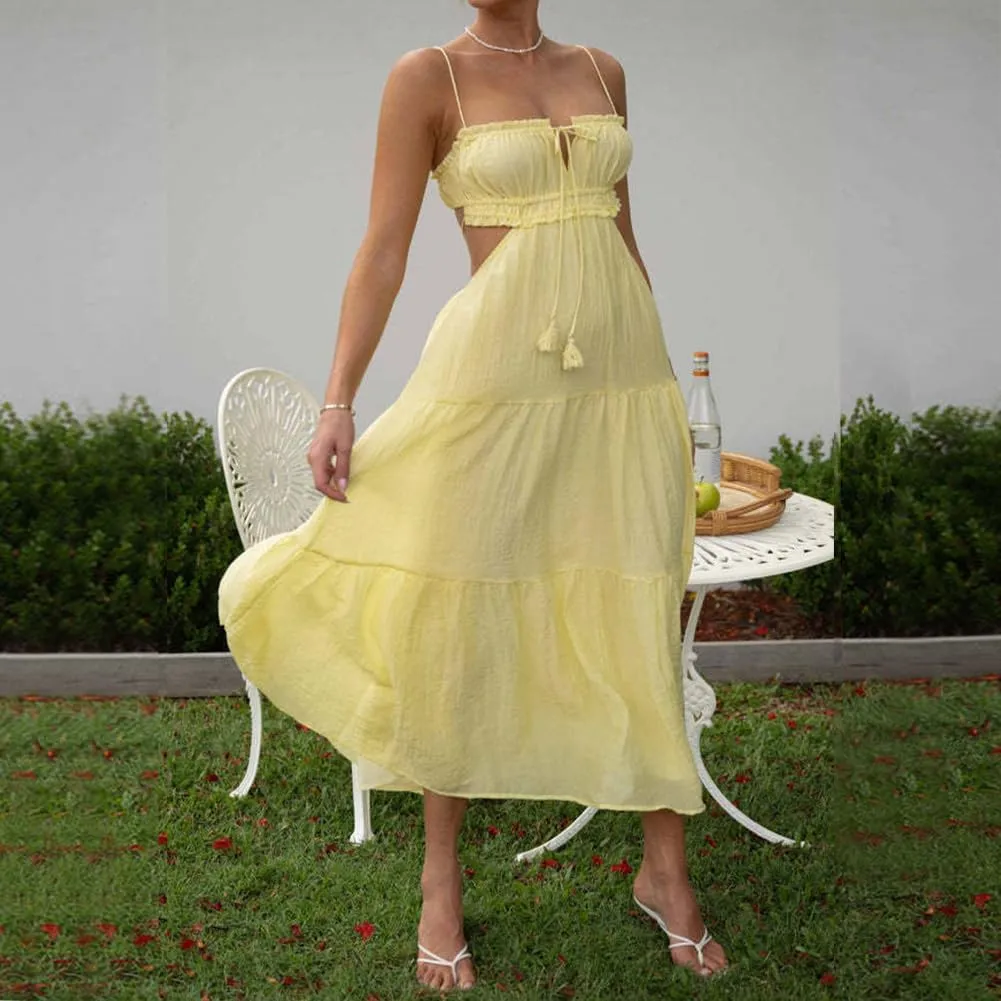 IDOPIP Women Summer Cutout Boho Dress Sleeveless Spaghetti Straps Maxi Dress Sexy Backless Side Cut Tie Front Flowy Sundress