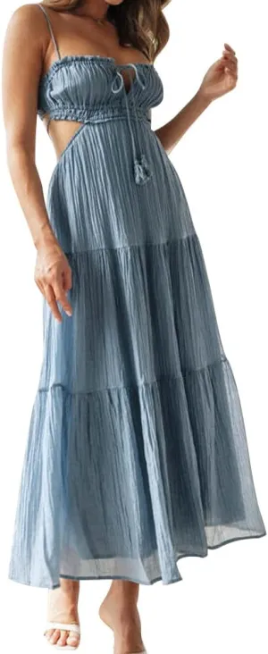 IDOPIP Women Summer Cutout Boho Dress Sleeveless Spaghetti Straps Maxi Dress Sexy Backless Side Cut Tie Front Flowy Sundress