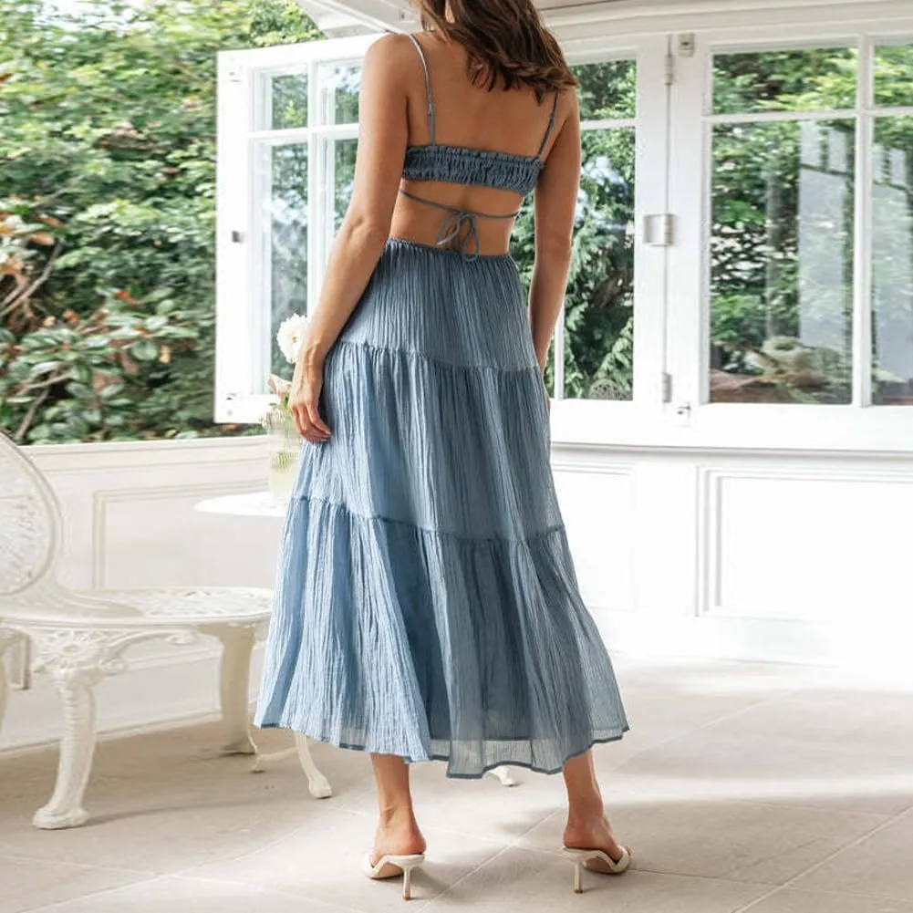 IDOPIP Women Summer Cutout Boho Dress Sleeveless Spaghetti Straps Maxi Dress Sexy Backless Side Cut Tie Front Flowy Sundress