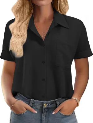 IN'VOLAND Womens Plus Size Shirts Short Sleeve Button Down Shirts V Neck Casual Blouses Tops