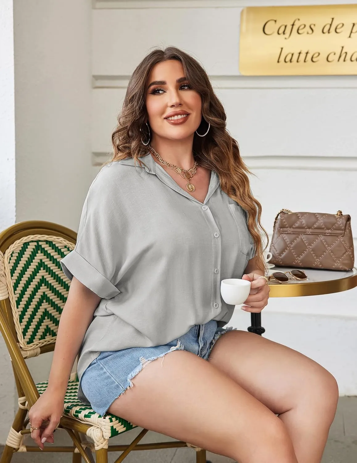 IN'VOLAND Womens Plus Size Shirts Short Sleeve Button Down Shirts V Neck Casual Blouses Tops