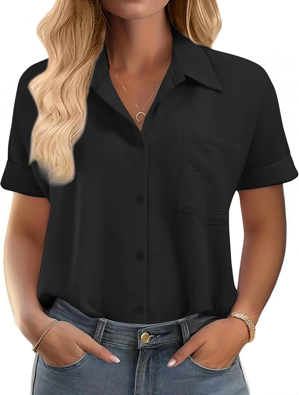 IN'VOLAND Womens Plus Size Shirts Short Sleeve Button Down Shirts V Neck Casual Blouses Tops
