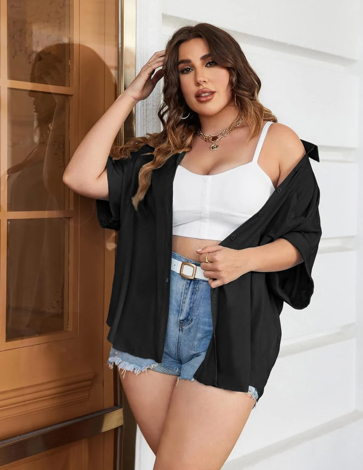 IN'VOLAND Womens Plus Size Shirts Short Sleeve Button Down Shirts V Neck Casual Blouses Tops
