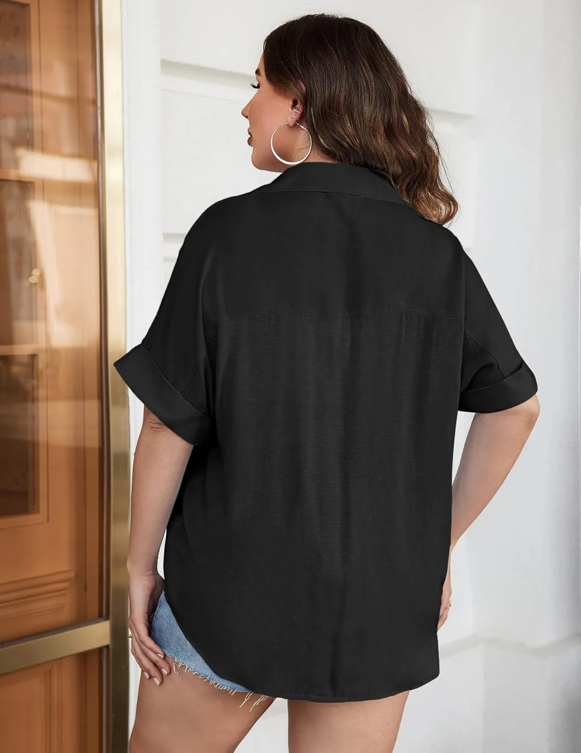 IN'VOLAND Womens Plus Size Shirts Short Sleeve Button Down Shirts V Neck Casual Blouses Tops