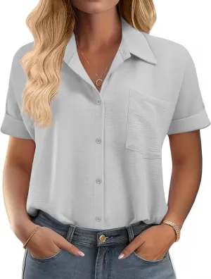 IN'VOLAND Womens Plus Size Shirts Short Sleeve Button Down Shirts V Neck Casual Blouses Tops