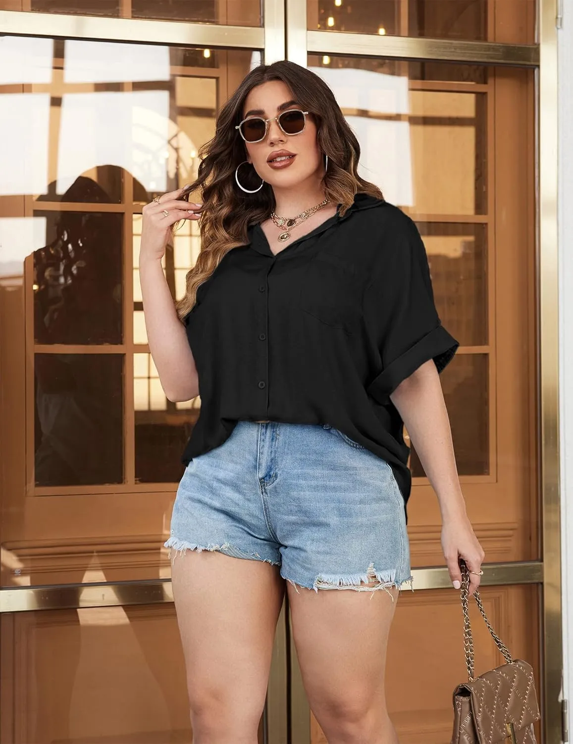 IN'VOLAND Womens Plus Size Shirts Short Sleeve Button Down Shirts V Neck Casual Blouses Tops