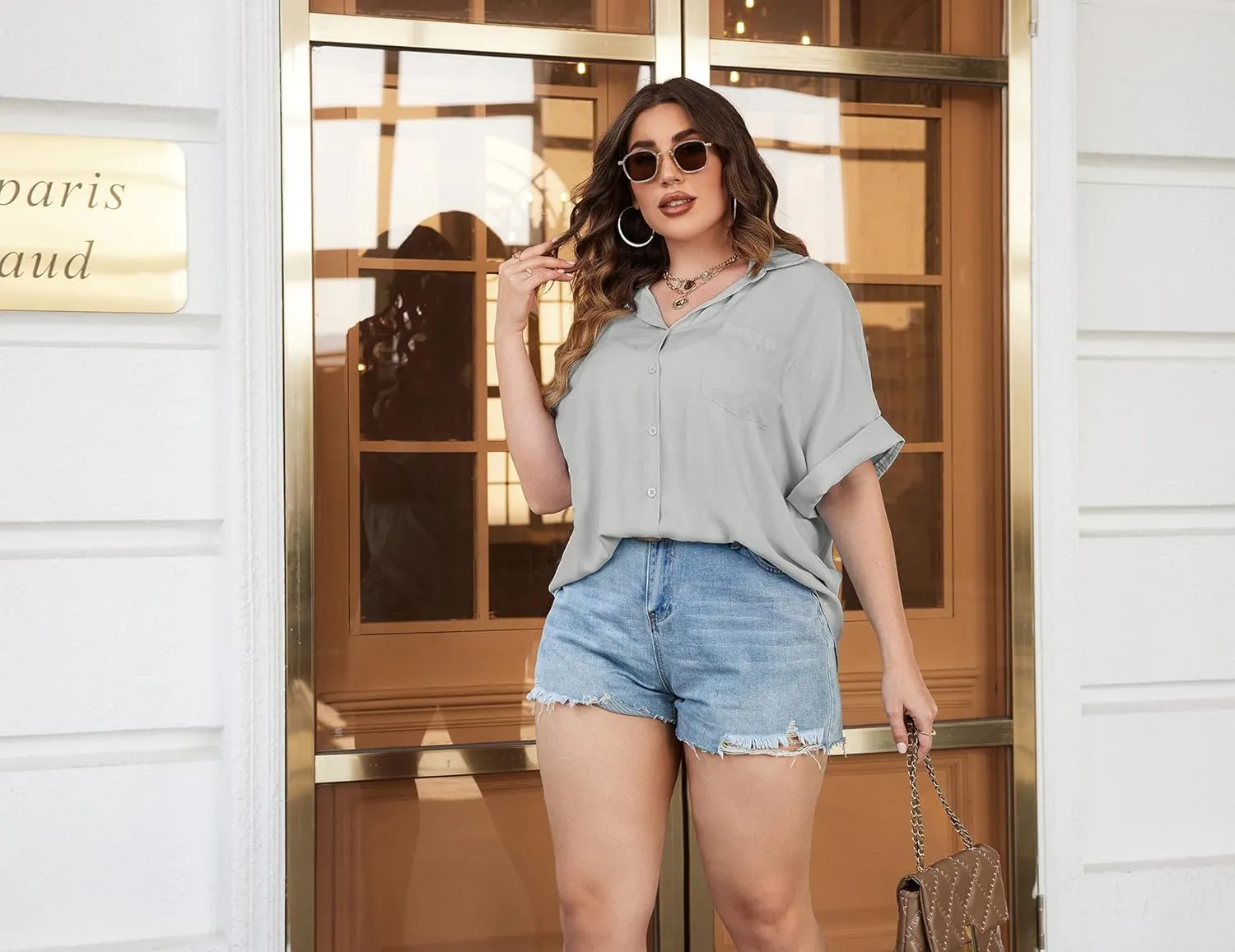 IN'VOLAND Womens Plus Size Shirts Short Sleeve Button Down Shirts V Neck Casual Blouses Tops