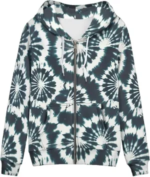 Irisjudy Retro Camellia Zip Long Sleeve Hoodies with Pocket Neon Lines Oversized Hooded Turquoise Spiral Casual Sweatshirts