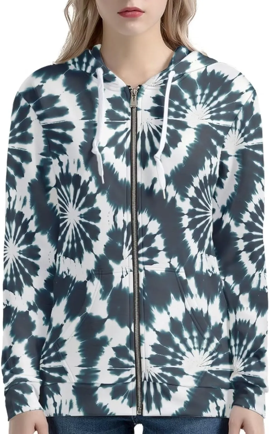 Irisjudy Retro Camellia Zip Long Sleeve Hoodies with Pocket Neon Lines Oversized Hooded Turquoise Spiral Casual Sweatshirts