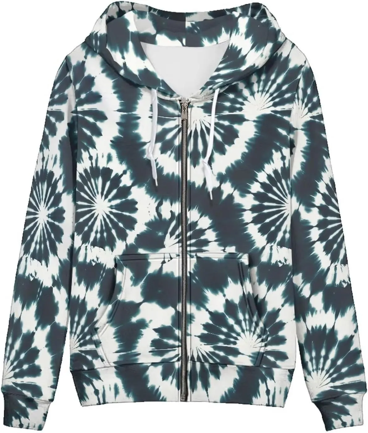 Irisjudy Retro Camellia Zip Long Sleeve Hoodies with Pocket Neon Lines Oversized Hooded Turquoise Spiral Casual Sweatshirts