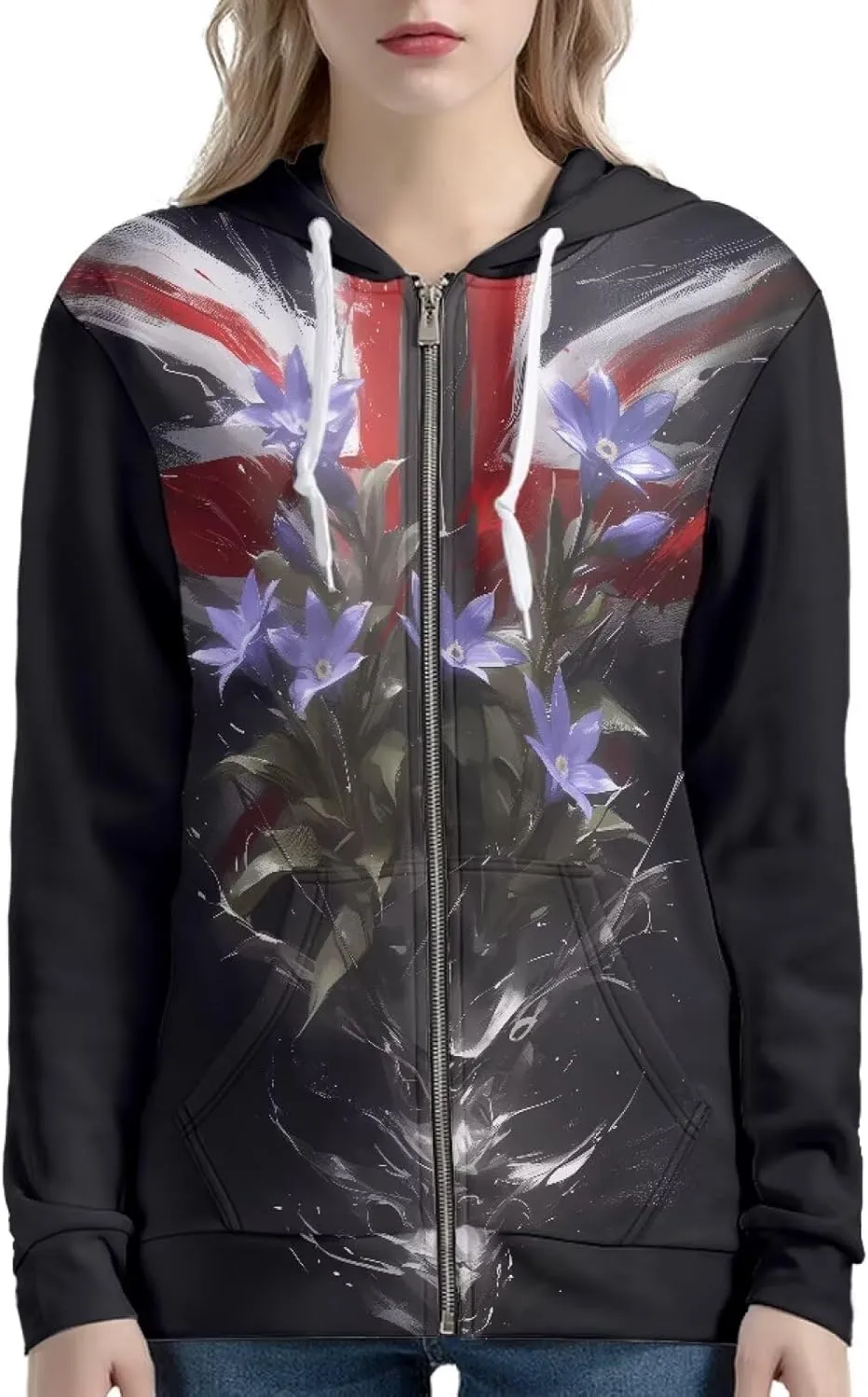 Irisjudy Women Oversized Hoodies Retro Boho Xmas Flower Hooded Jacket Island Totem Long-Sleeve Fall Outwear Sweatshirt Zip-up