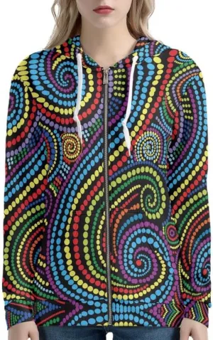 Irisjudy Women's Hoodies Traditional Tribal Art Zipper Jacket Oversized Sweatshirts, Lightweight Zip-up Hoodie with Pocket