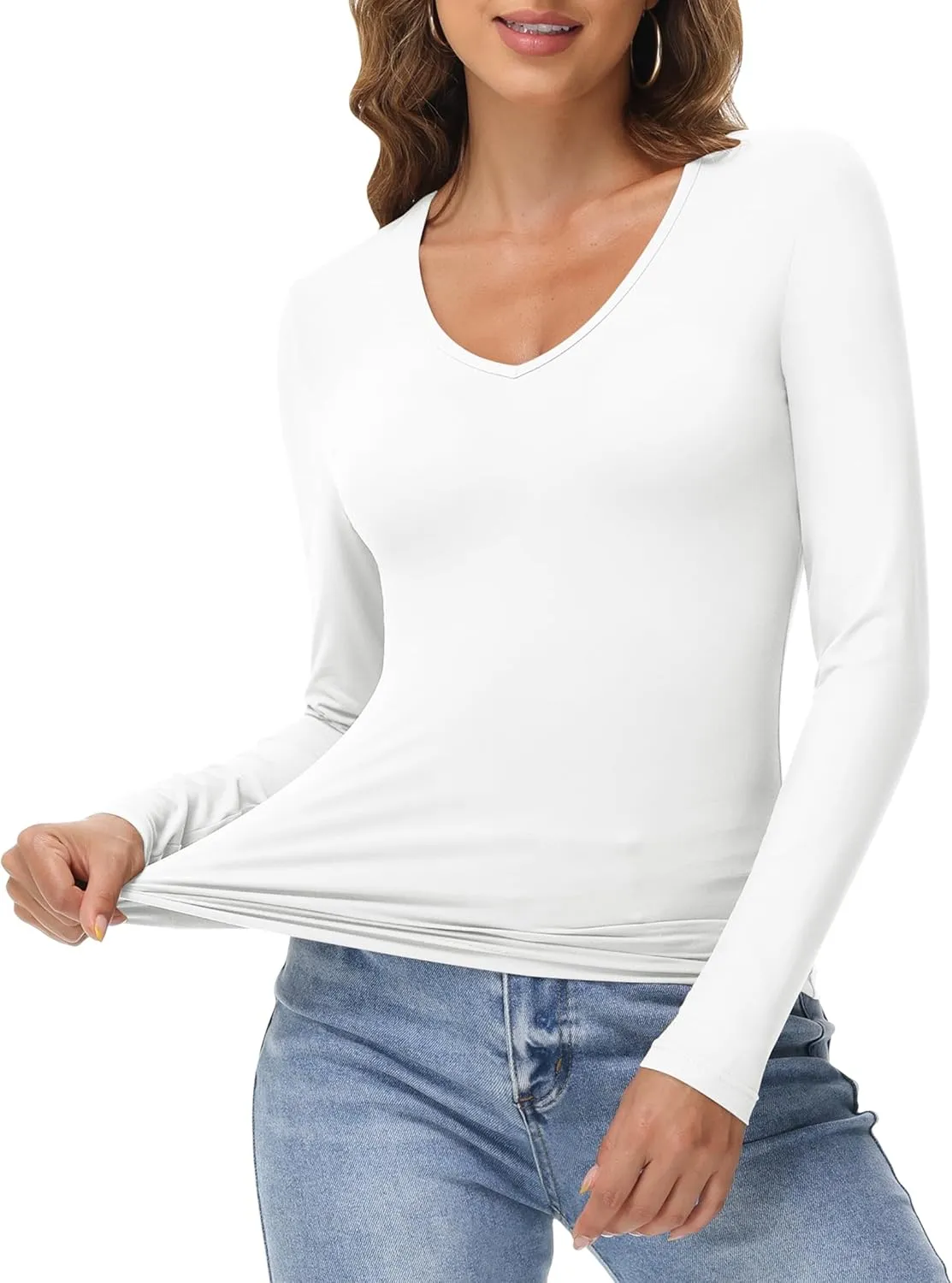 IWD Womens Long Sleeve Shirts V Neck Casual Tops 2025 Fashion Slim Fitted Tops Basic Tee Y2k Outfits