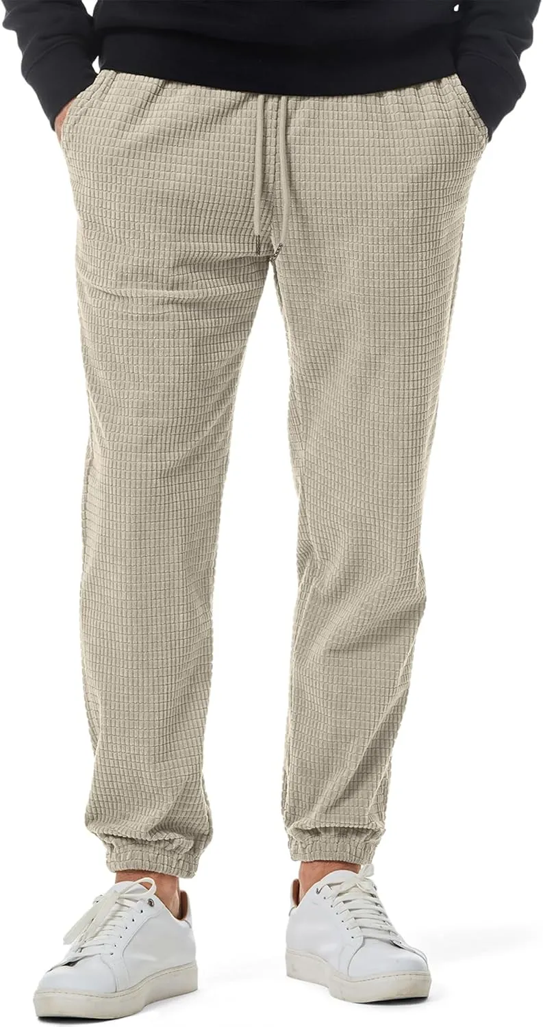 JMIERR Mens Casual Pants Waffle Textured Drawstring Stretch Elastic Waist Tapered Joggers with Pockets