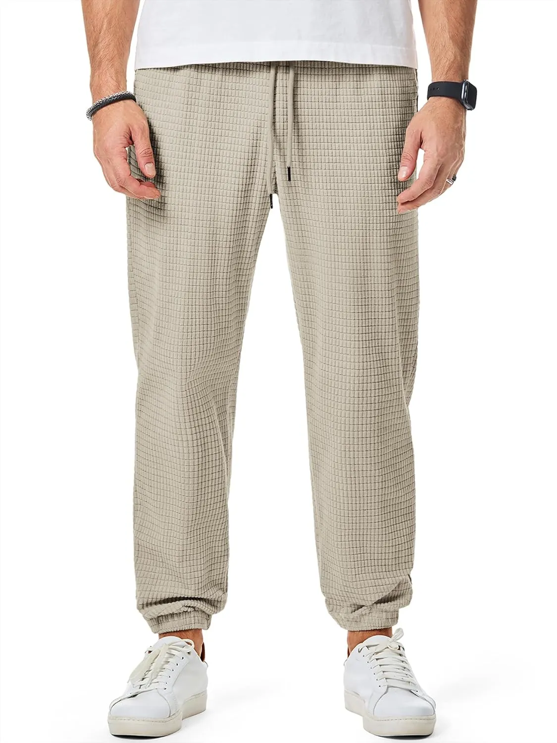 JMIERR Mens Casual Pants Waffle Textured Drawstring Stretch Elastic Waist Tapered Joggers with Pockets