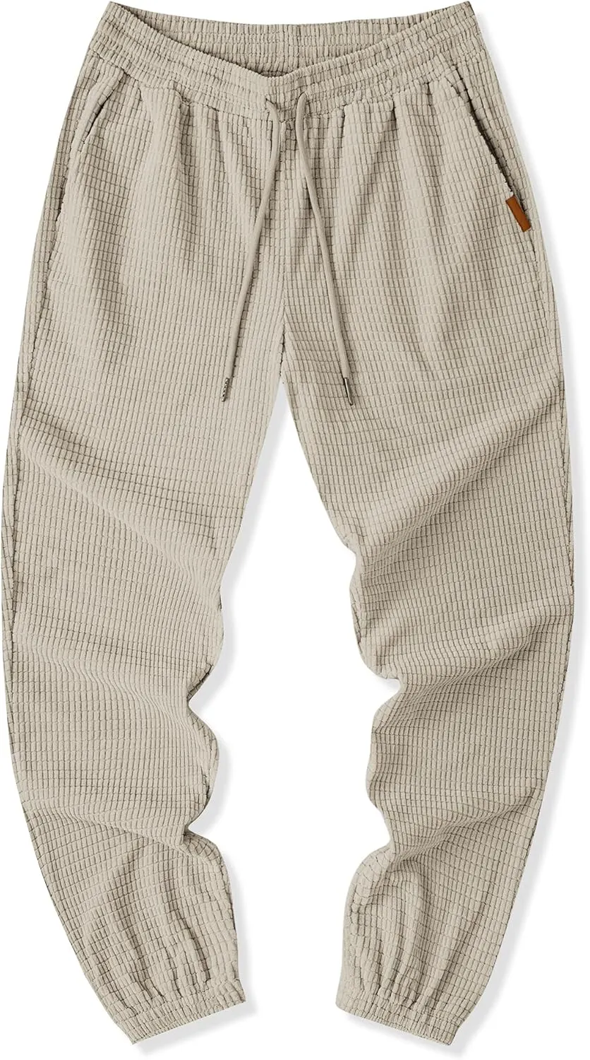 JMIERR Mens Casual Pants Waffle Textured Drawstring Stretch Elastic Waist Tapered Joggers with Pockets