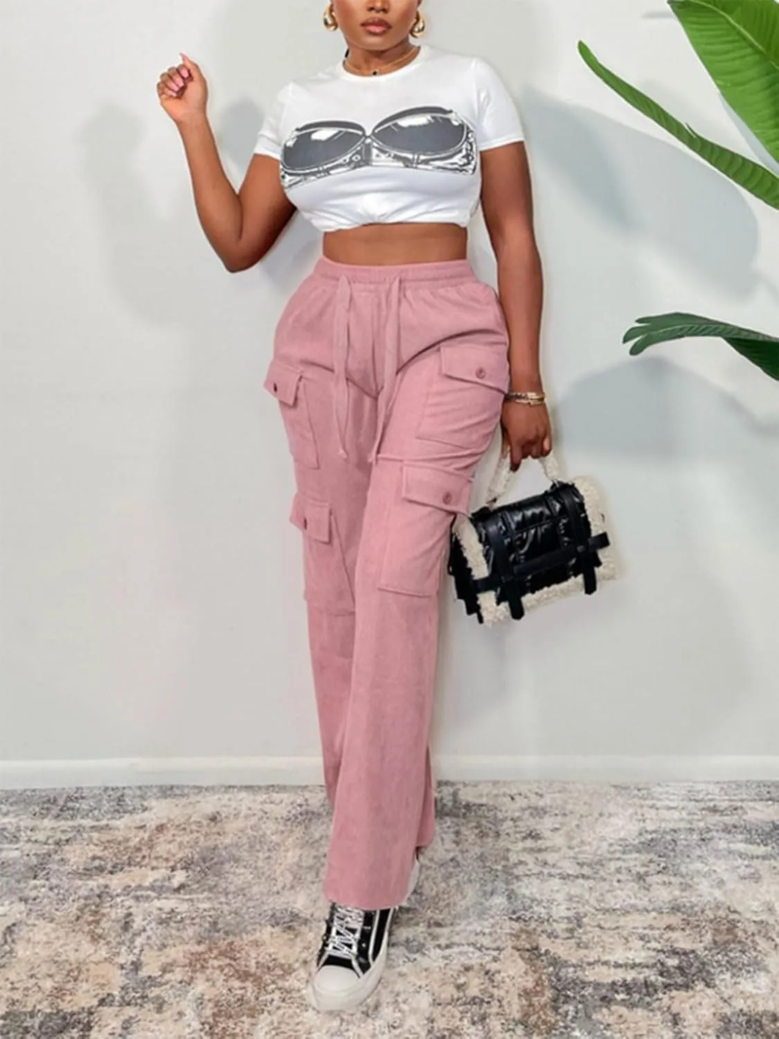 KANSOON Cargo Pants Women Corduroy High Waisted Casual Straight Leg Baggy Y2K Trousers with Multiple Pockets